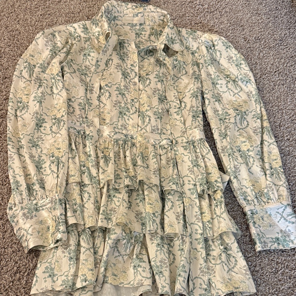 LoveShackFancy Cream and Green Ruffle Mini Dress